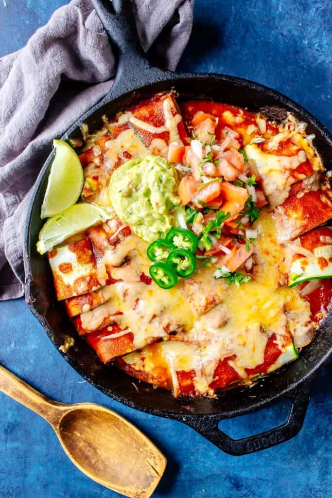 Keto Enchiladas in a cast iron skillet
