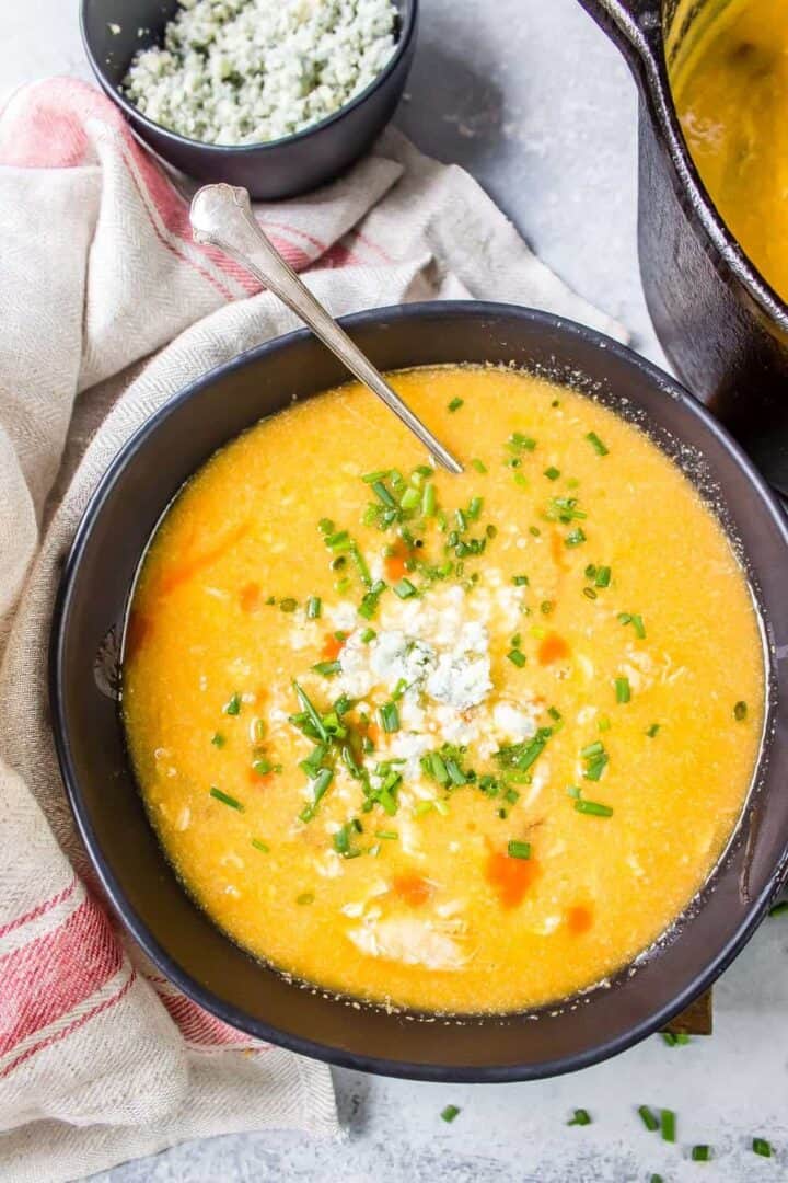 Keto Buffalo Chicken Soup in a black bowl