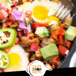Keto Southwestern Breakfast Hash with a fork taking a bite out of a runny egg Pinterest Image Collage