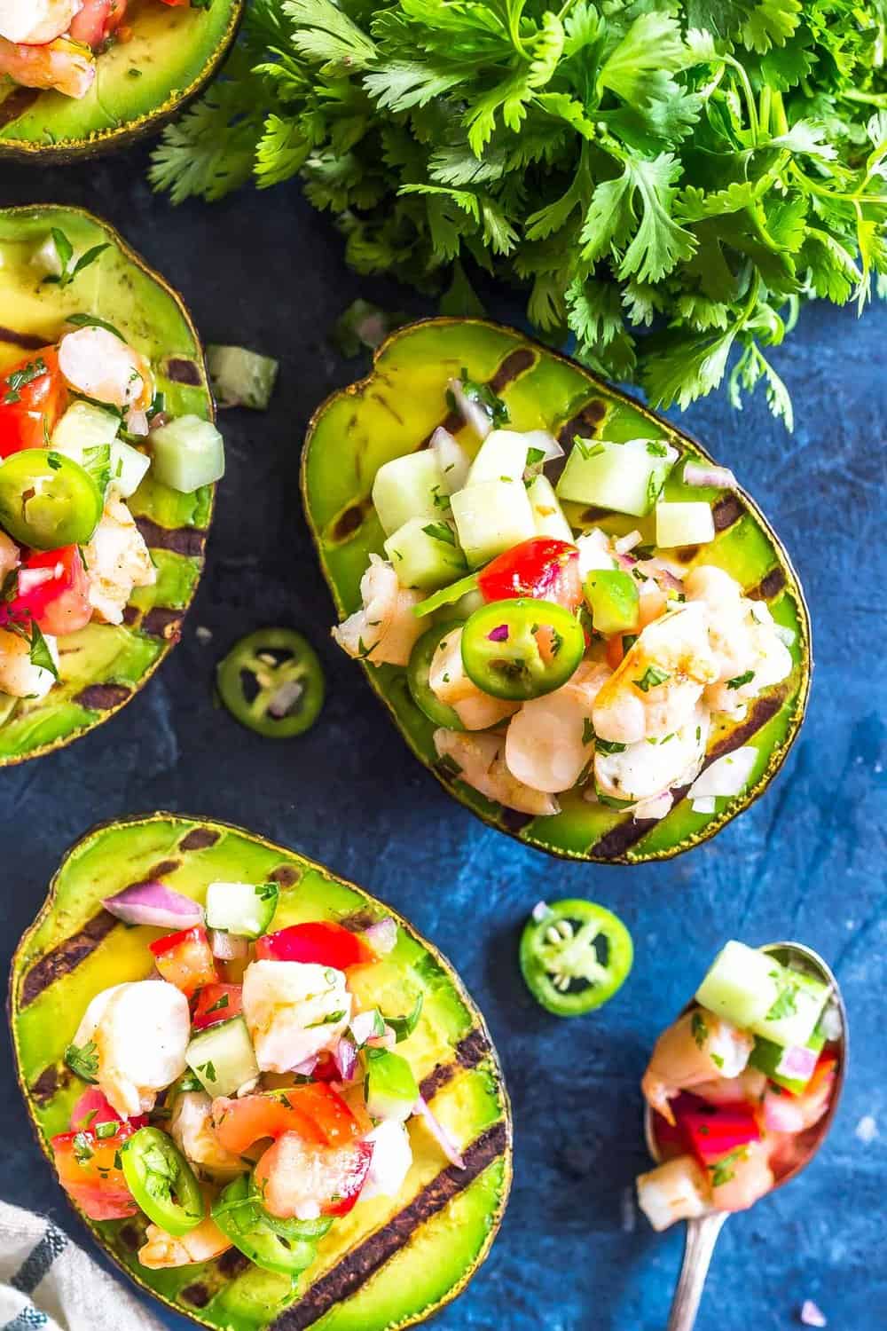 Grilled avocados stuffed with shrimp salsa