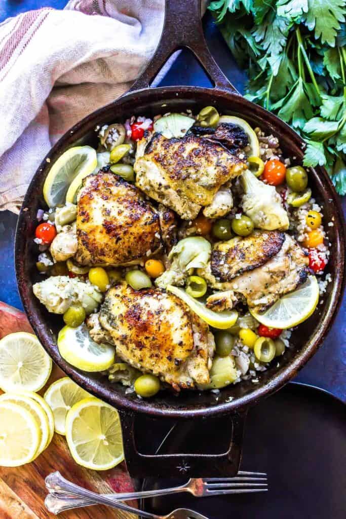 Greek Chicken in a cast iron skillet