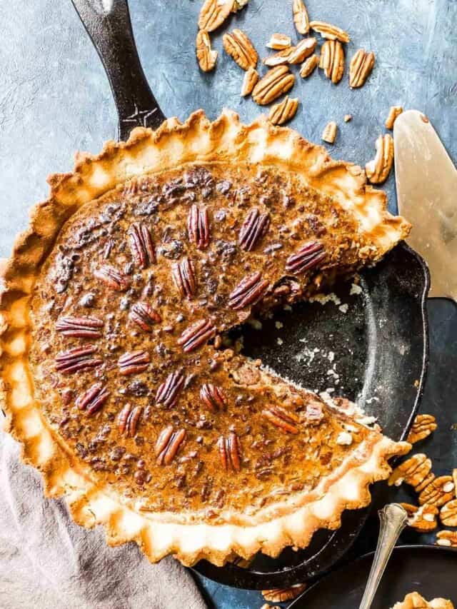 Keto Pecan Pie in a cast iron skillet
