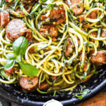 Keto Creamy Tuscan Zucchini Noodles with Sausage Pinterest Graphic