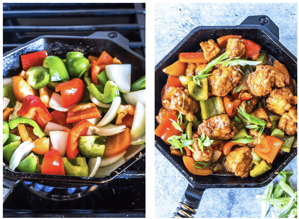 2 pane collage showing veggies in cast iron skillet on the right, and the finished Keto Sweet and Sour Chicken on the left