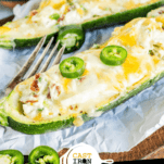 Stuffed Zucchini Boats with Jalapeno Popper Chicken Pinterest Graphic