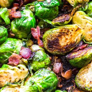Keto Brussels Sprouts with Bacon in skillet