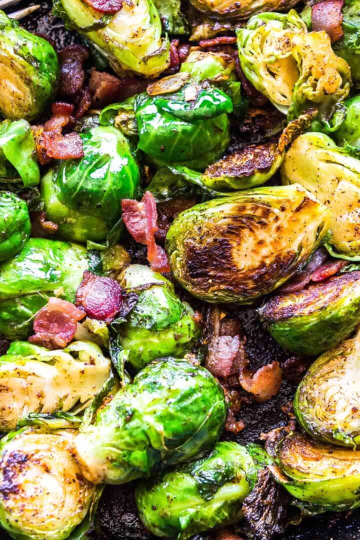 Keto Brussels Sprouts with Bacon in skillet