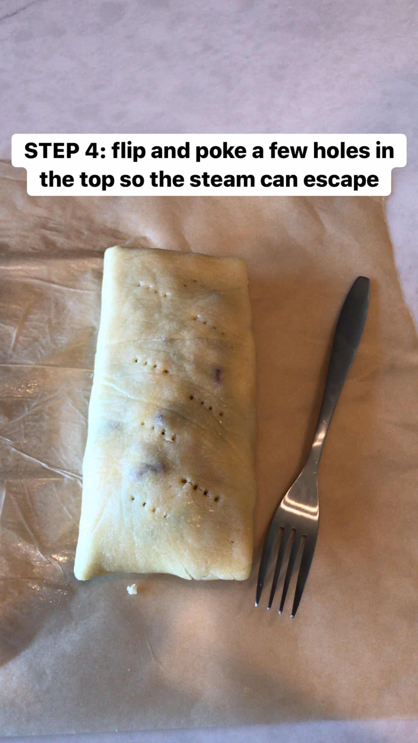 Hot pocket folding step 4: flip and poke holes in the top for steam to escape.