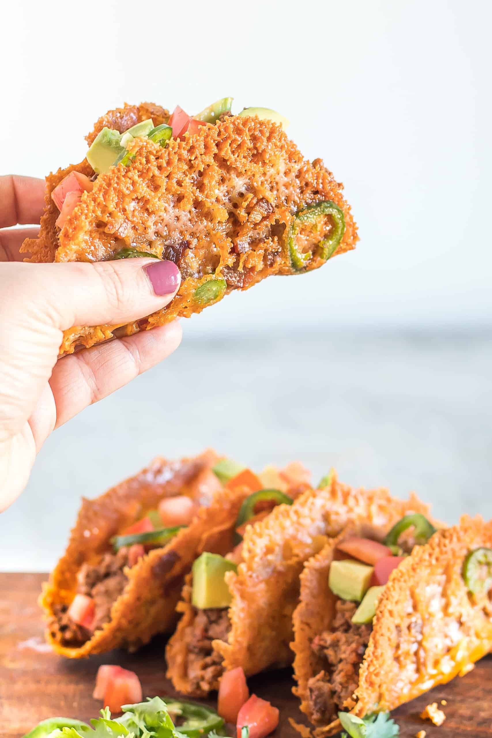 Keto taco meat in a cheesy keto taco shell.