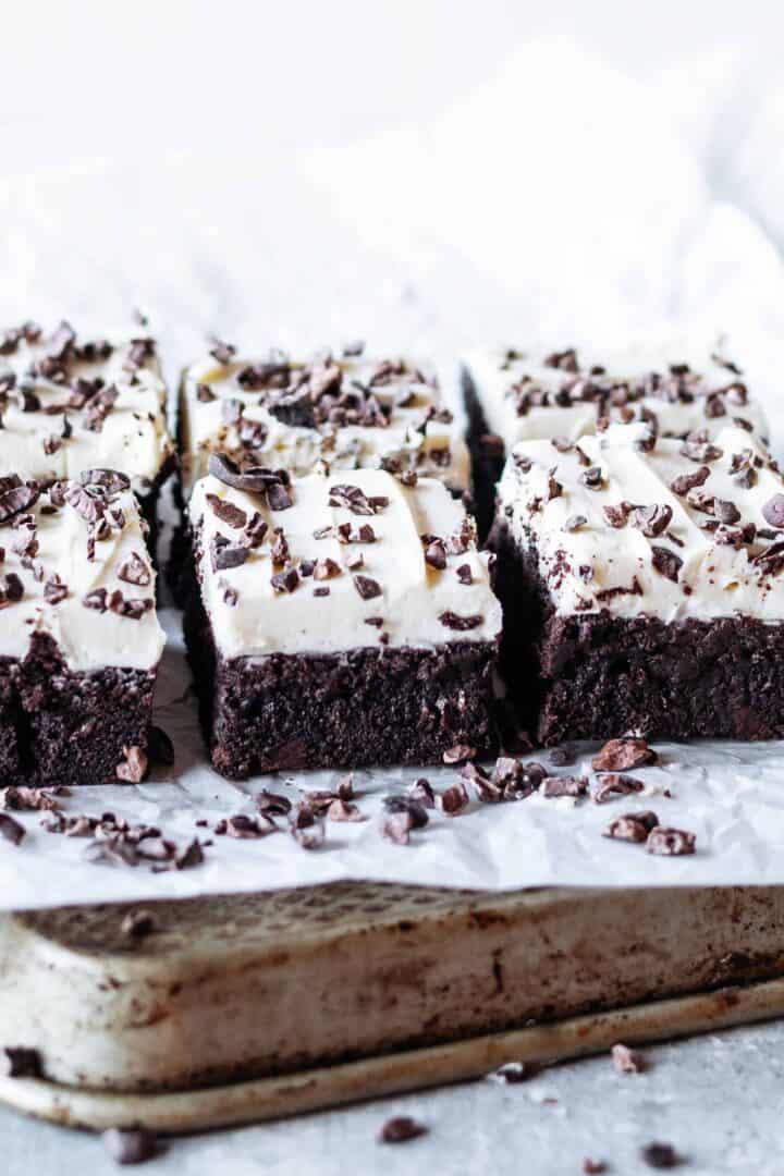 Chocolate Fudge Mint Chip Brownies on parchment paper