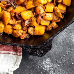 Keto Bacon Roasted Butternut Squash in a cast iron skillet