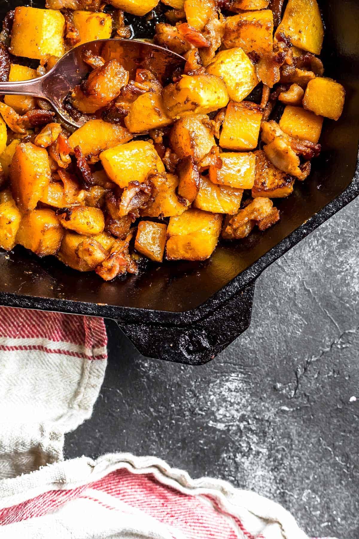 Keto Bacon Roasted Butternut Squash in a cast iron skillet