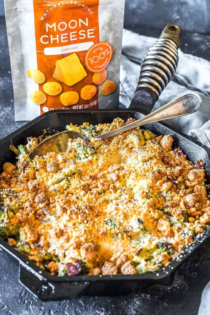 Finished dish fresh from the oven, moon cheese packaging in the background