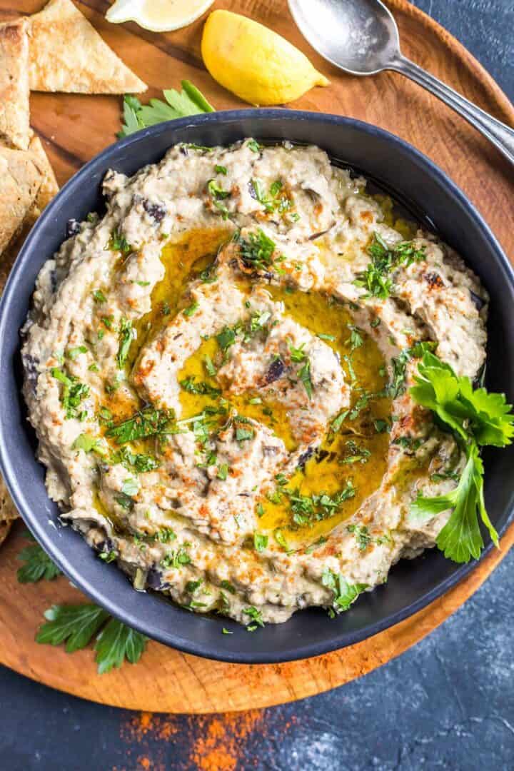 Keto Charred Eggplant Dip Baba Ganoush in bowl with pita chips