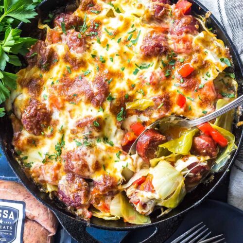 Keto Cheesy Cabbage Sausage Skillet on tabletop