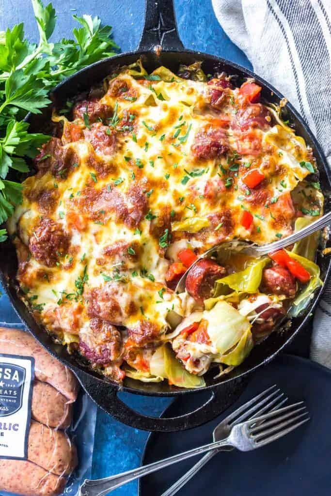 Keto Cheesy Cabbage Sausage Skillet on tabletop