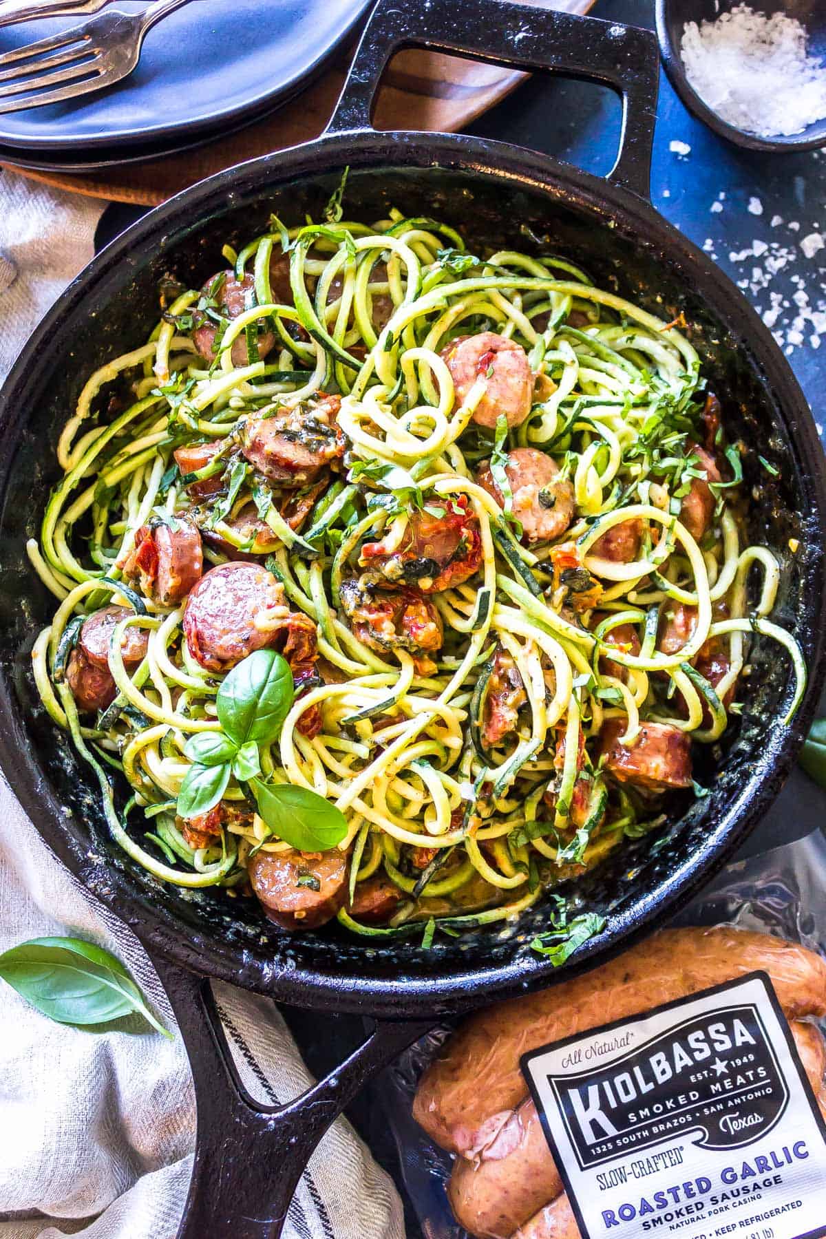 Creamy Tuscan Zoodles with Sausage finished dish