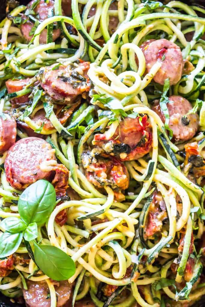 Close-up: Keto Creamy Tuscan Zucchini Noodles with Sausage