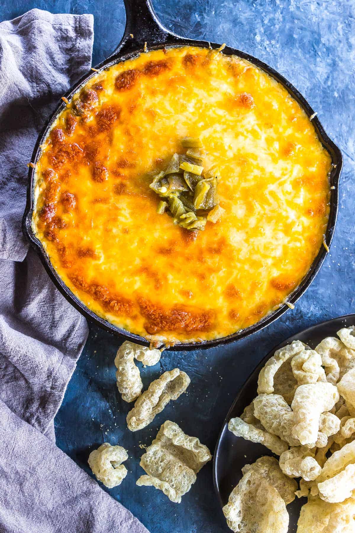 Keto Dip with Green Chiles in a cast iron skillet