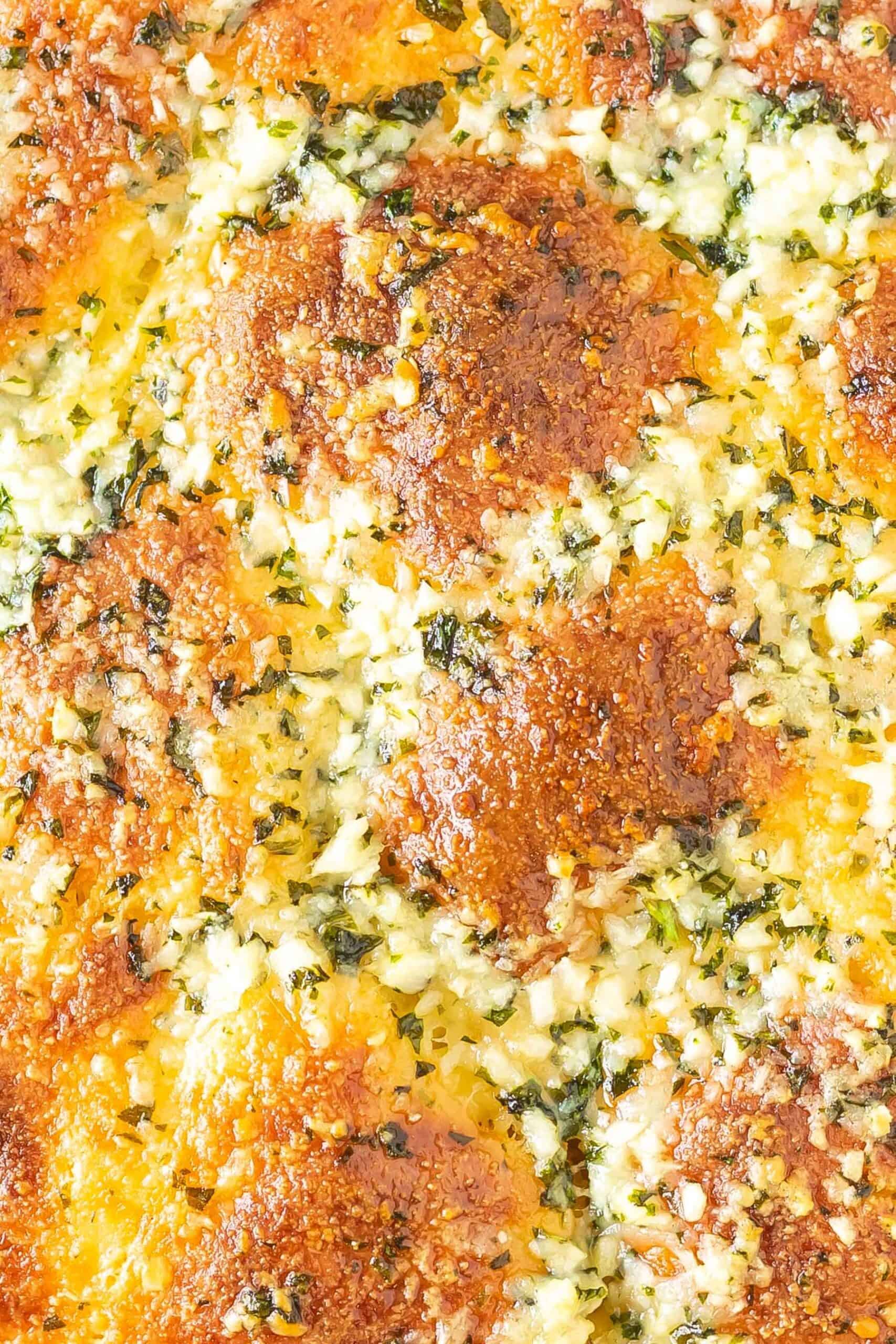 overhead close-up of crispy garlic bread