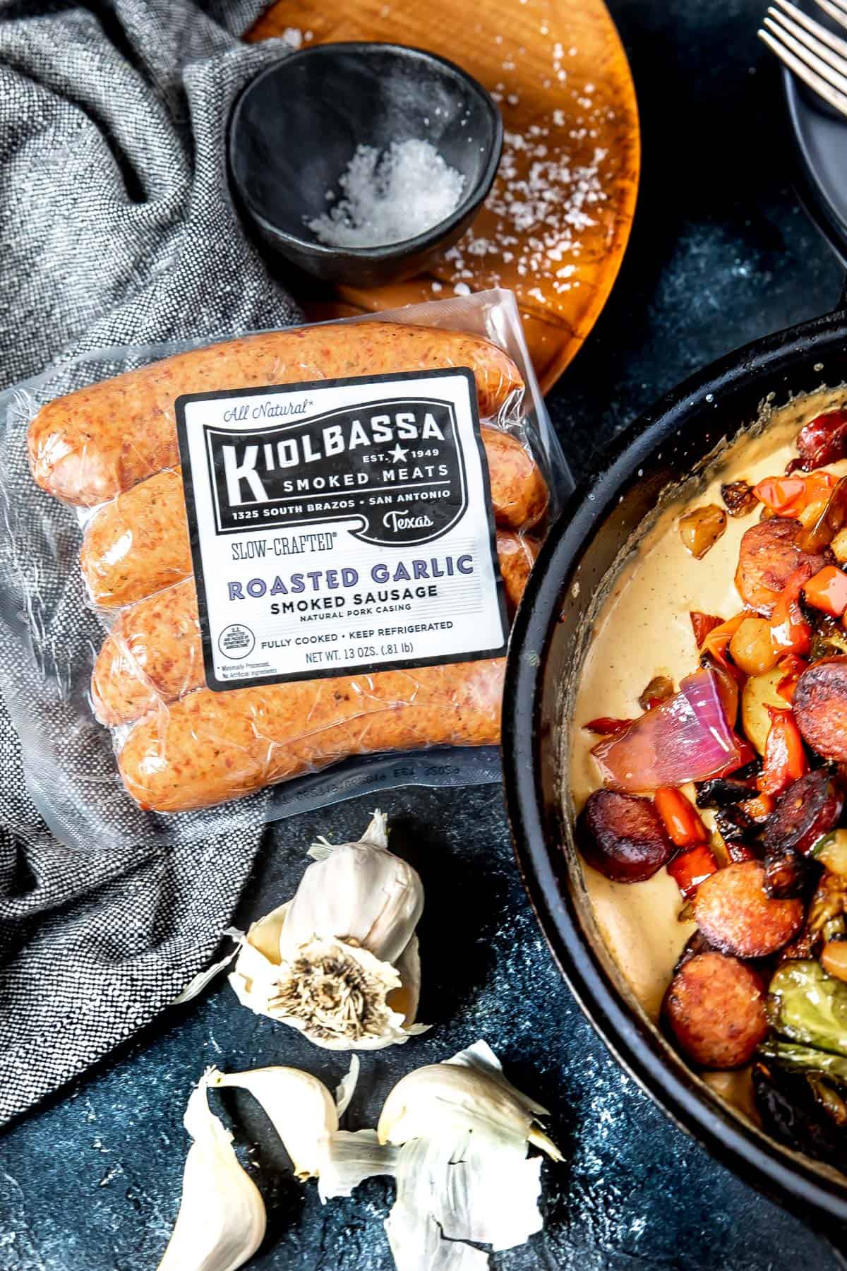 Keto Garlic Parmesan Sausage Skillet with kiolbassa packing prominently featured
