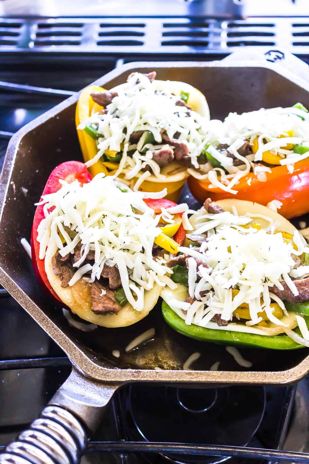 stuffed peppers in cast iron skillet