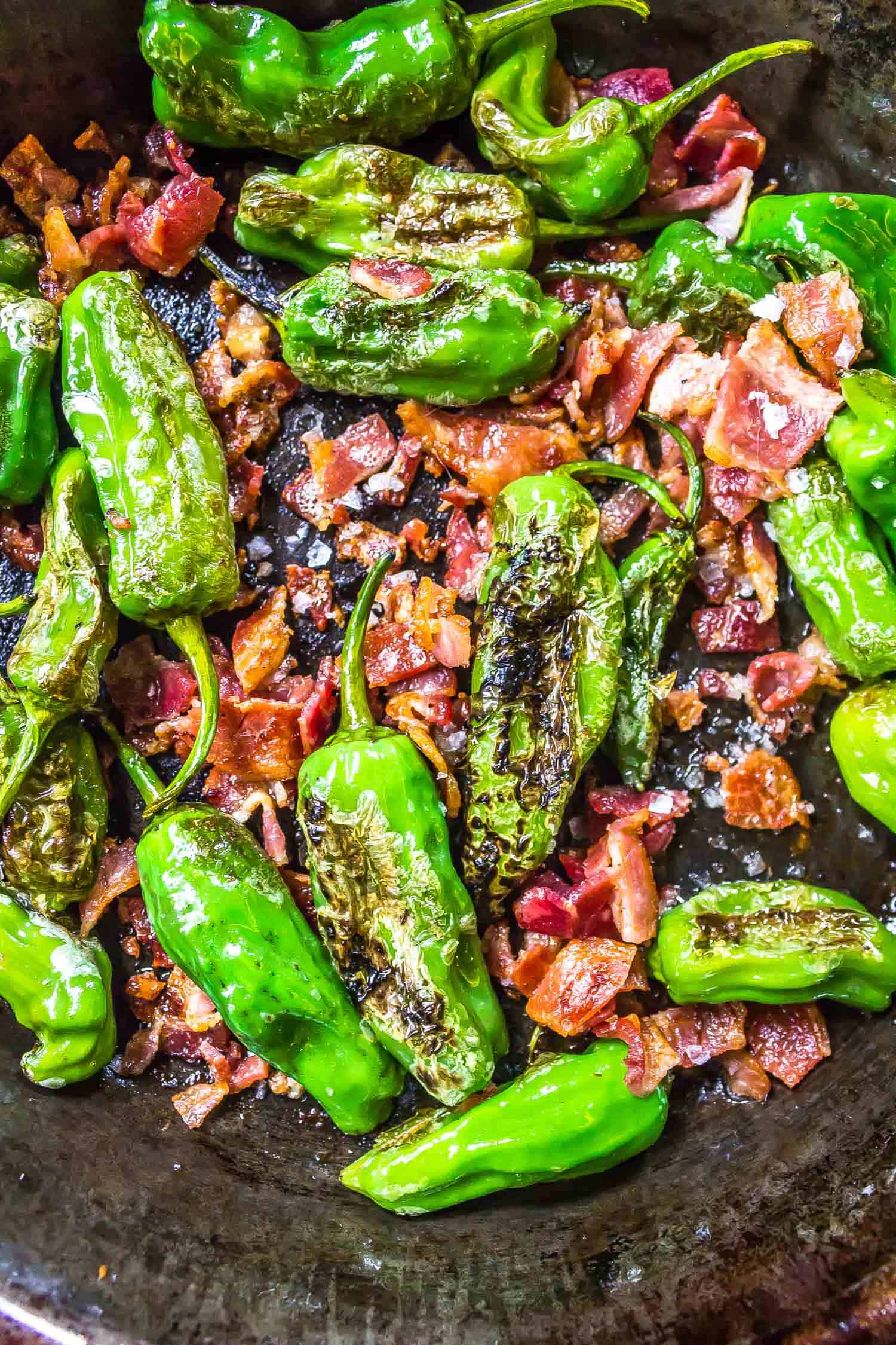 Keto Shishito Peppers in a skillet with bacon