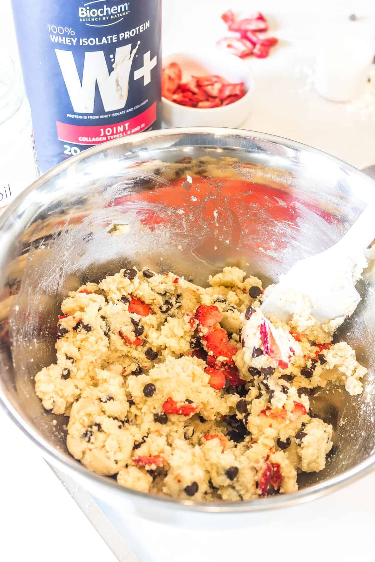 Keto Strawberry Chocolate Chip Scones mixture in bowl