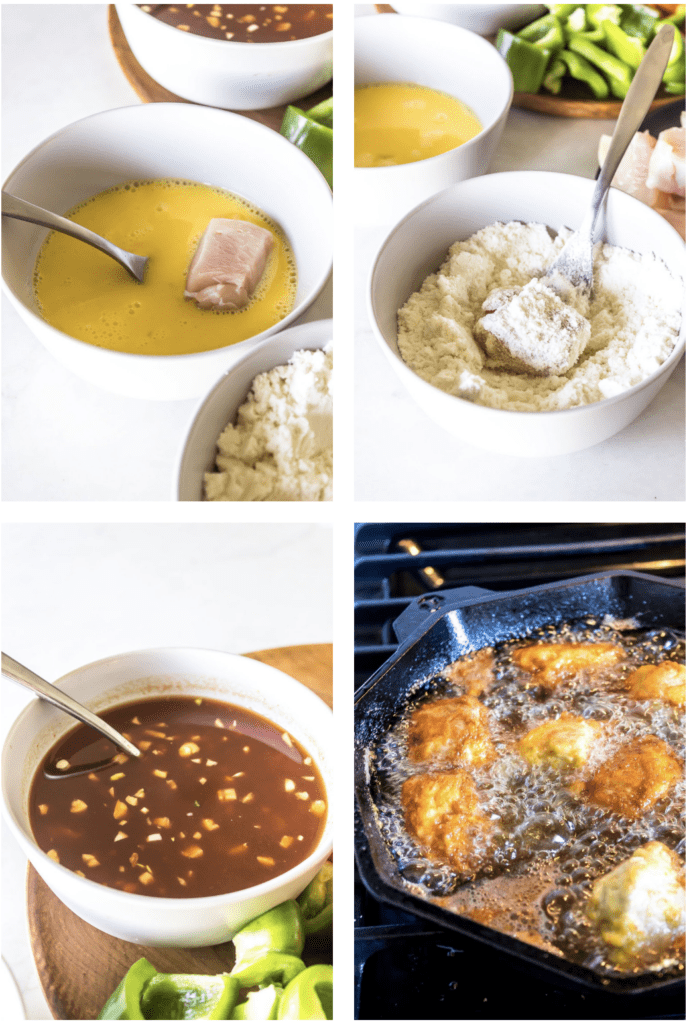 4 panel collage showing the different steps of the reciep from dredging through frying.