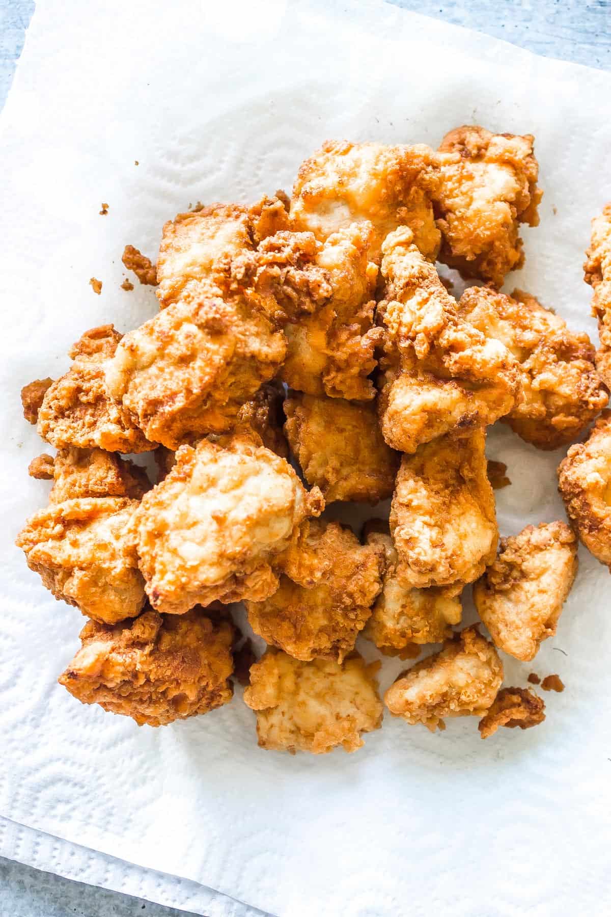 Fried Chicken Fresh from the skillet before being mixed with vegetables or sauce.