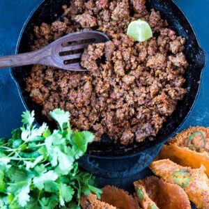 larger dimension version of Easy Keto Taco Meat in a skillet