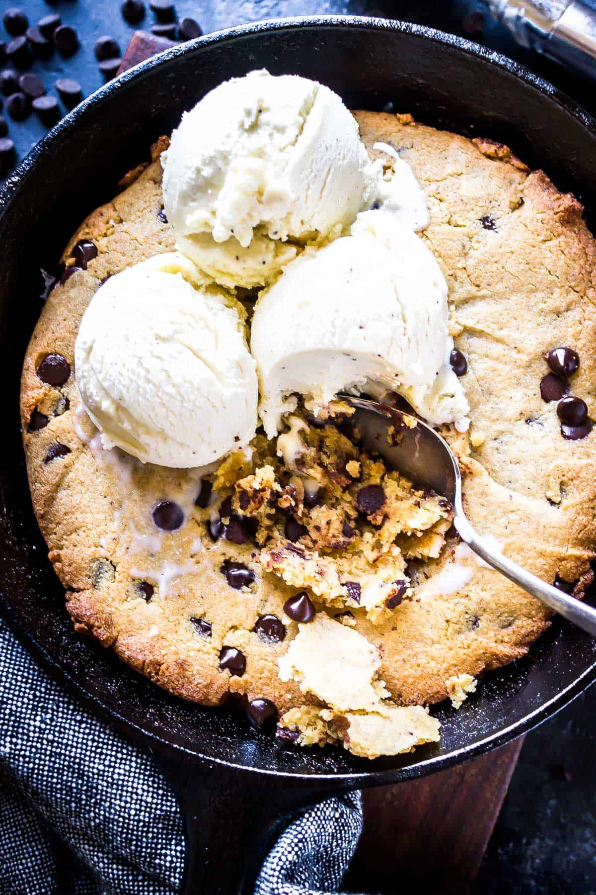 Keto Browned Butter Skillet Cookie topped with vanilla ice cream.