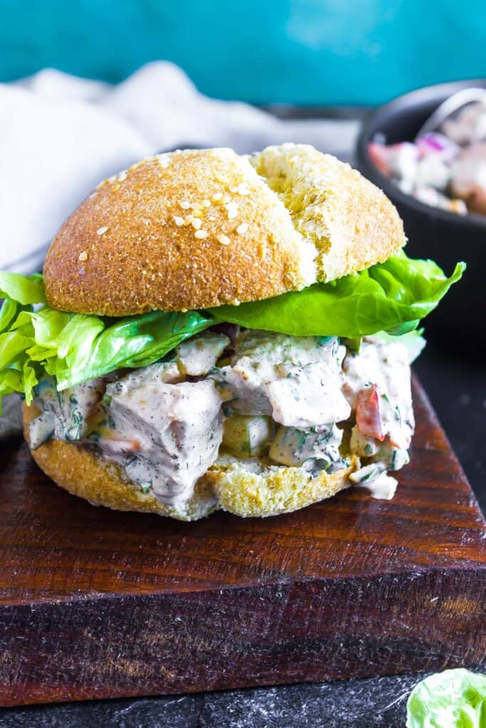 Blackened chicken salad on a keto bun