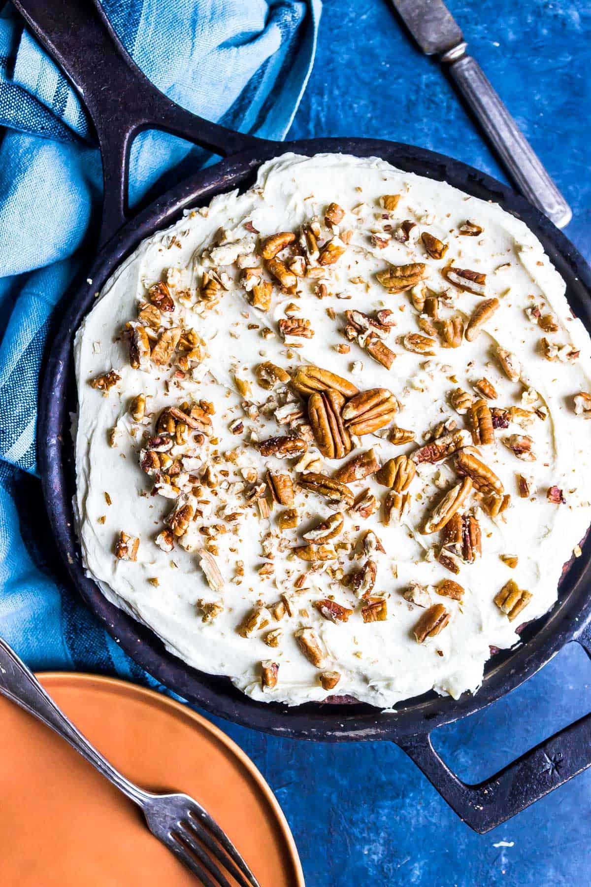 Overhead shot: cast iron skillet filled with Keto Carrot Cake