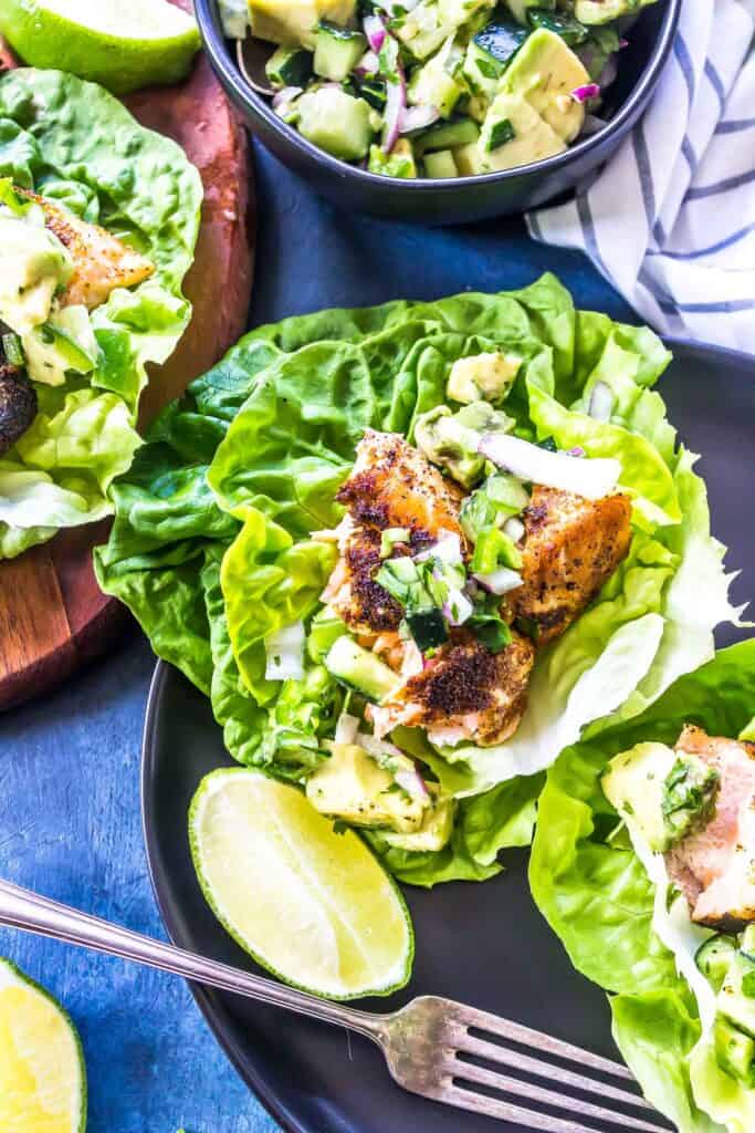 These Keto Fish Tacos with blackened salmon and a quick cucumber avocado salsa.