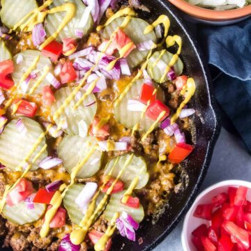 Keto Cheeseburger Casserole in a cast iron skillet