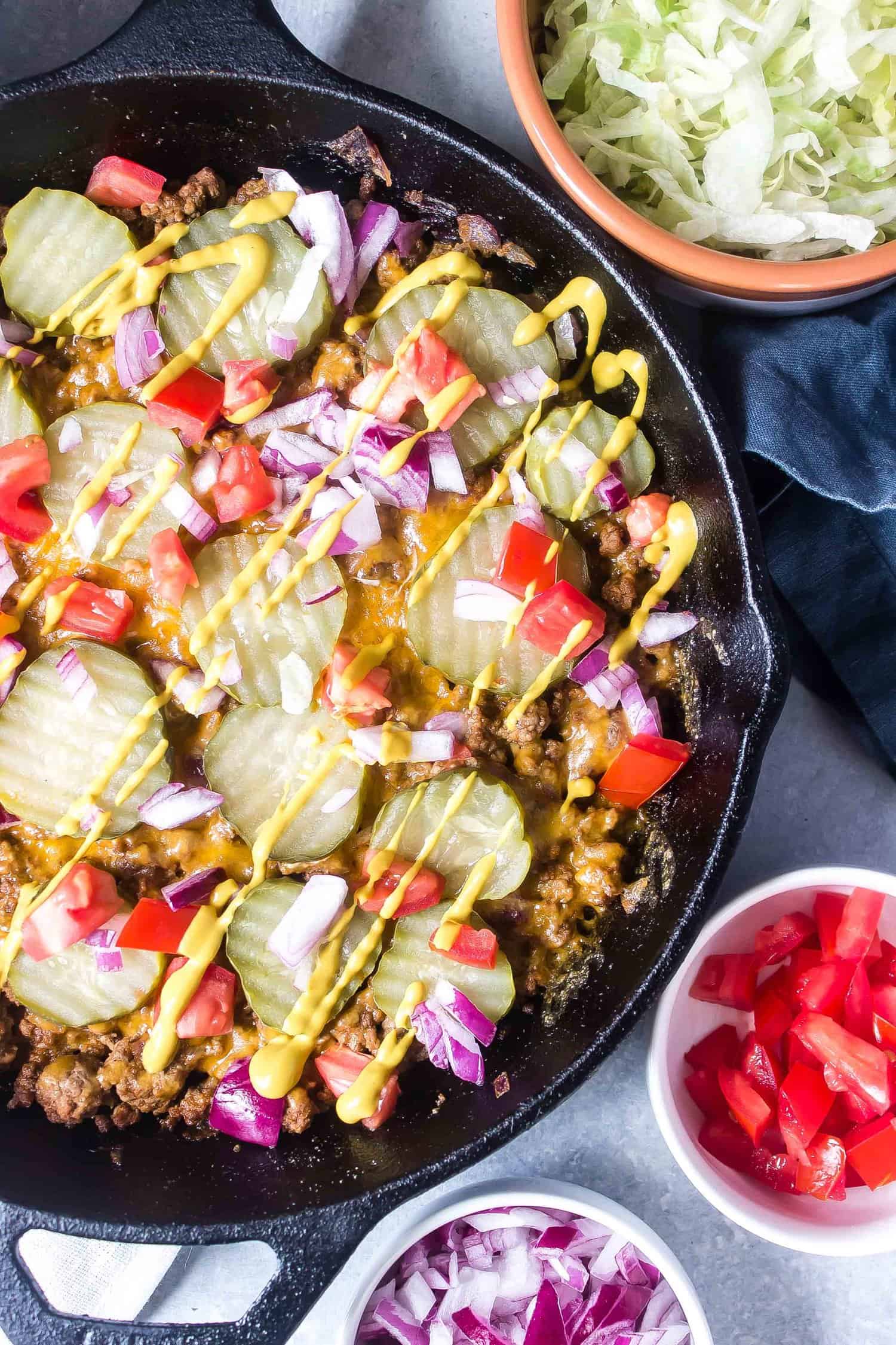 Keto Cheeseburger Casserole in a cast iron skillet