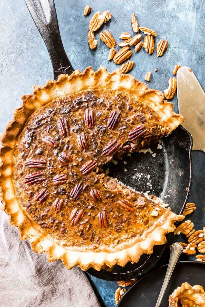 Keto Pecan Pie in a cast iron skillet