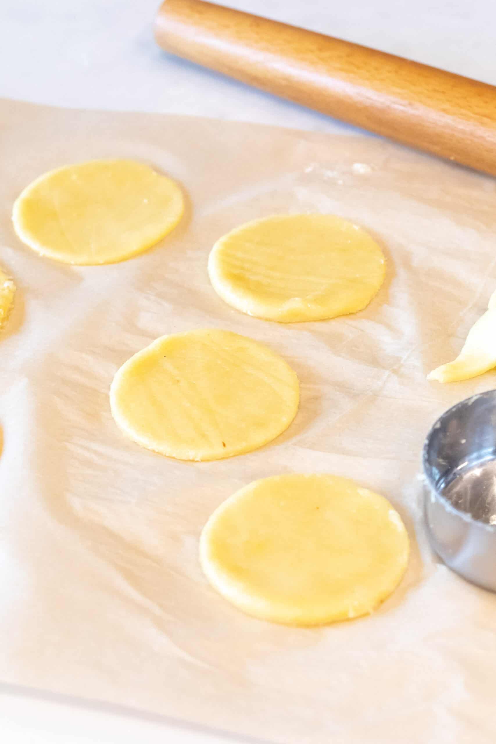 Uncooked Pierogi Dough rolled into 3 inch circle