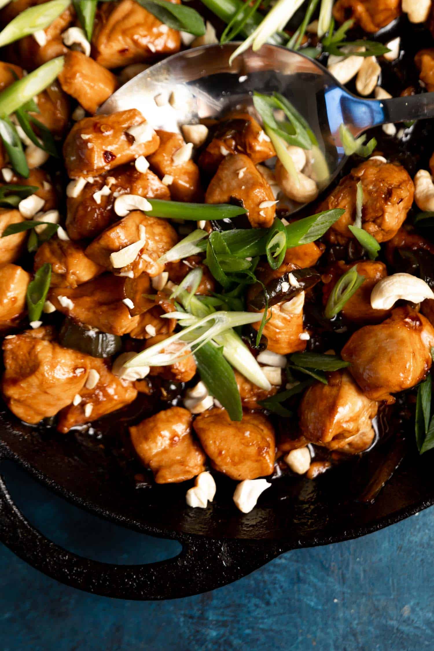 Keto Kung Pao Chicken in a cast iron skillet