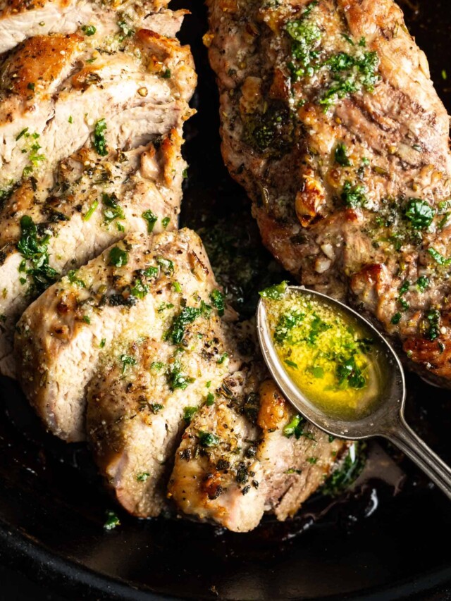 Keto Pork Tenderloin in cast iron skillet