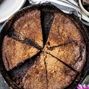 Keto Mocha Chocolate Cake in a cast iron skillet