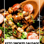 Keto Smoked Sausage Cheesy “Potatoes” Pinterest Graphic