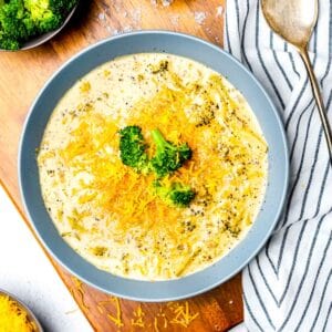 Broccoli Cheese Soup in a blue bowl