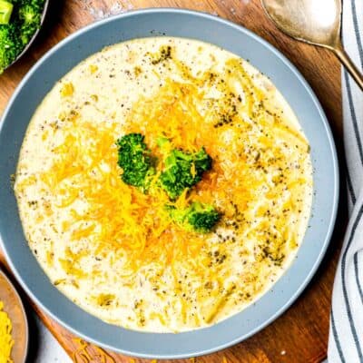 Broccoli Cheddar Soup in a blue bowl