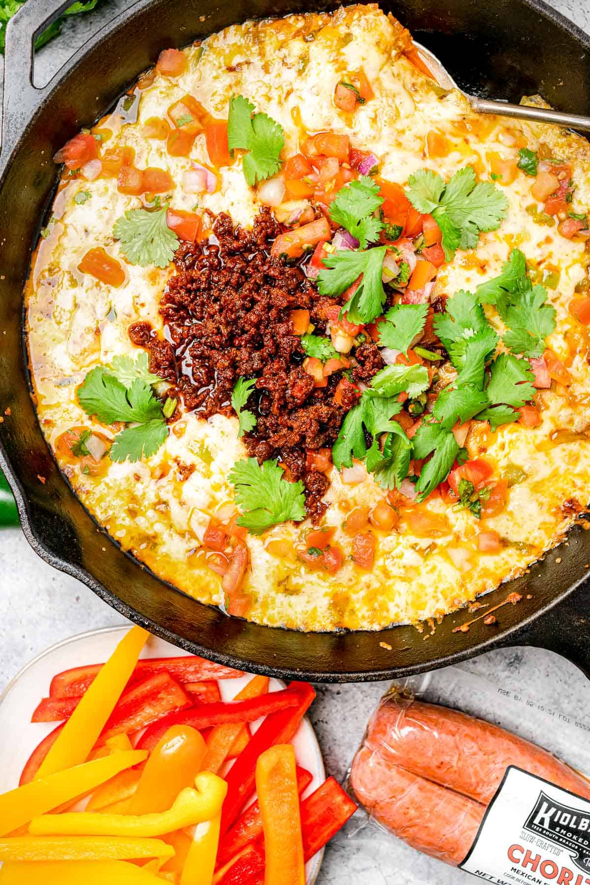 Queso Fundido with Chorizo in a cast iron skillet