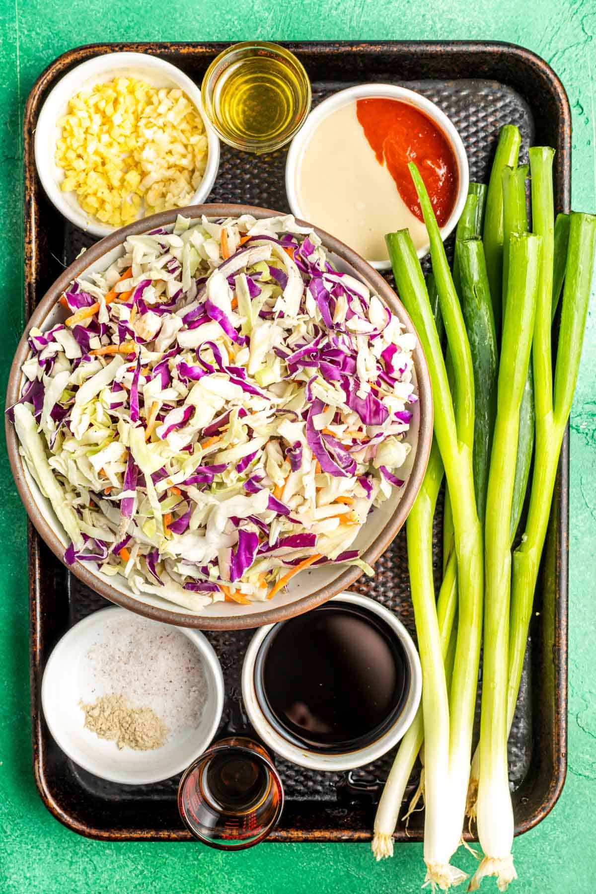 crack slaw ingredients on a baking tray