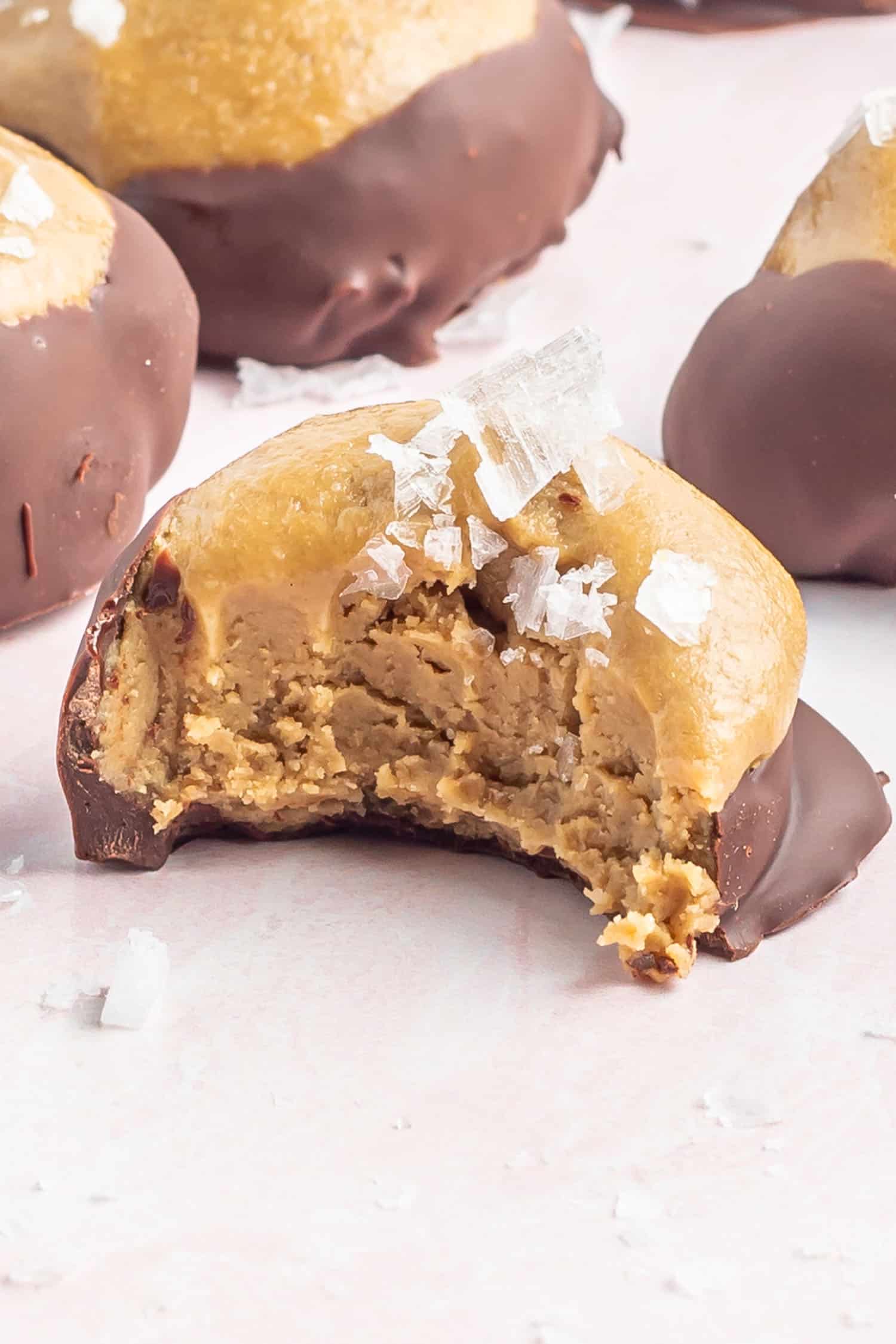 a keto buckeye candy with a bite taken off