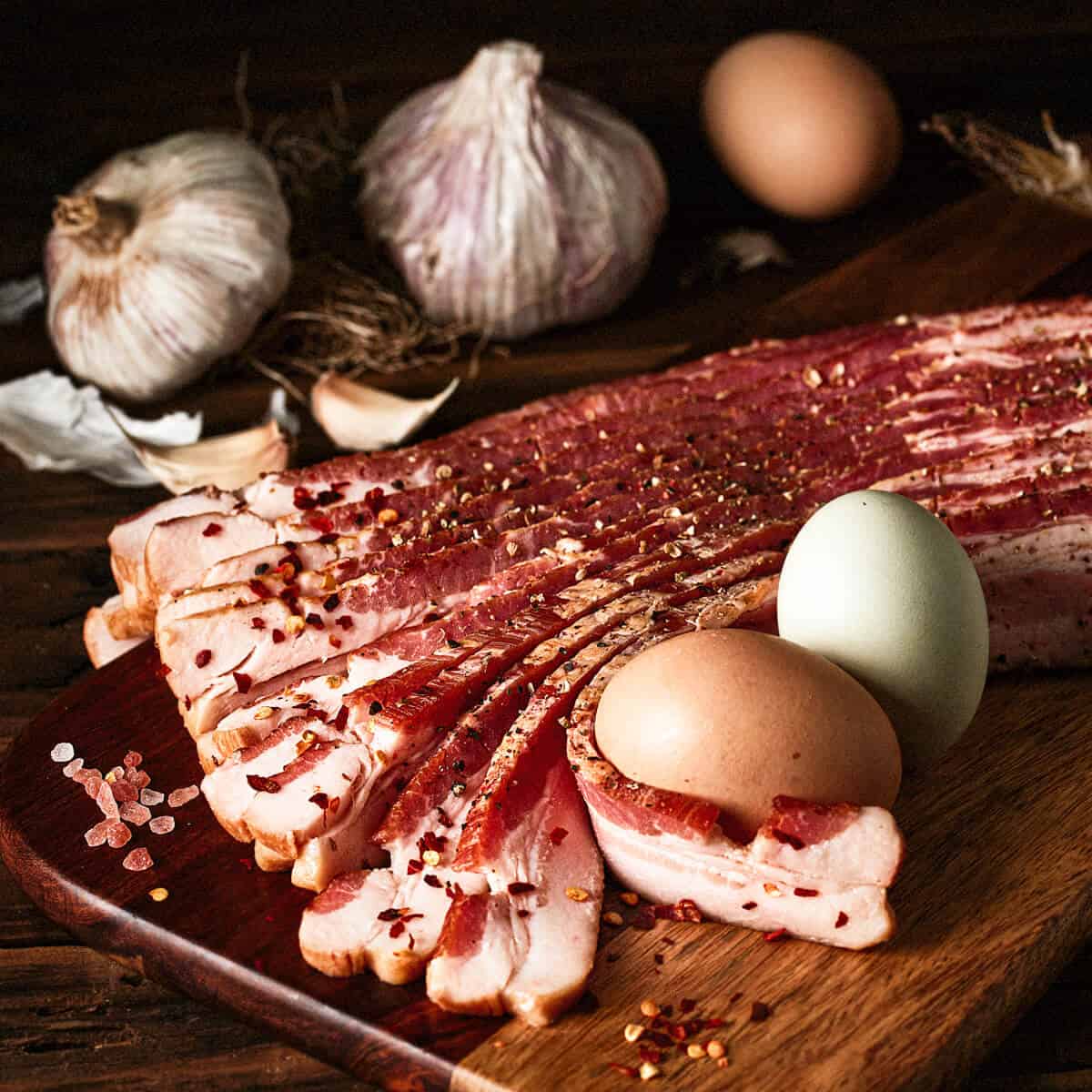 best bacon for keto on a cutting board with eggs