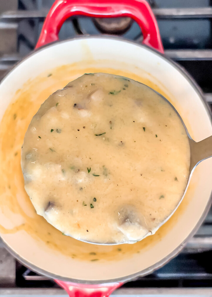 a ladle of cream of mushroom soup